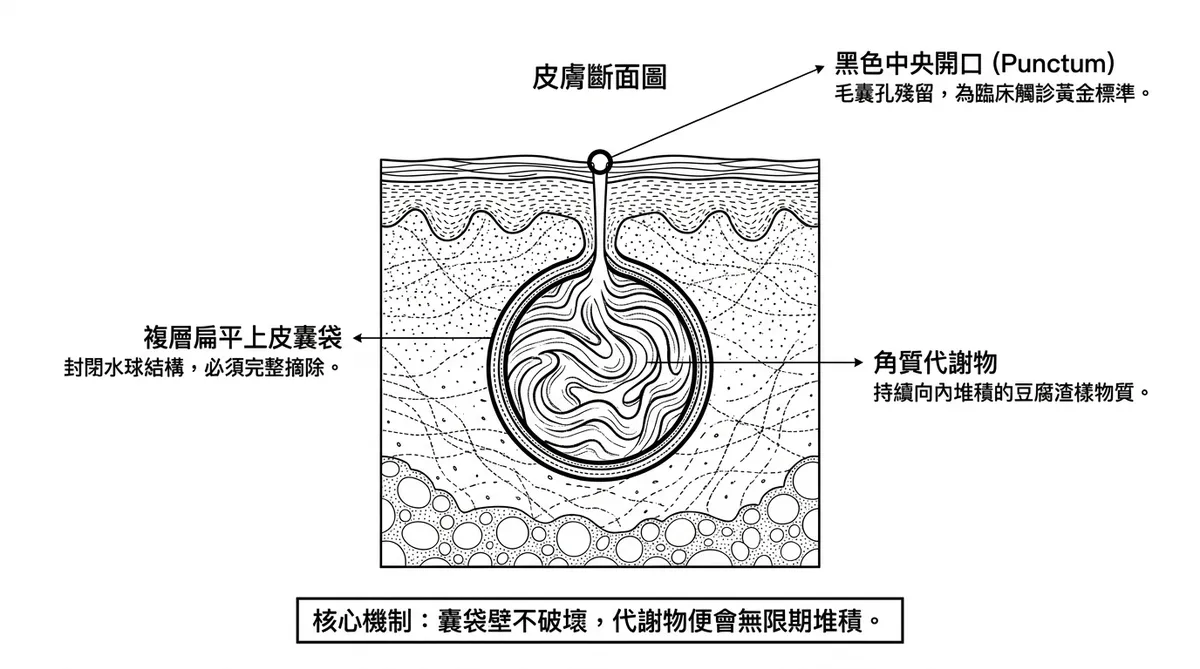彰化台中粉瘤手術：皮下表皮囊腫完整囊袋與黑頭開口結構示意圖