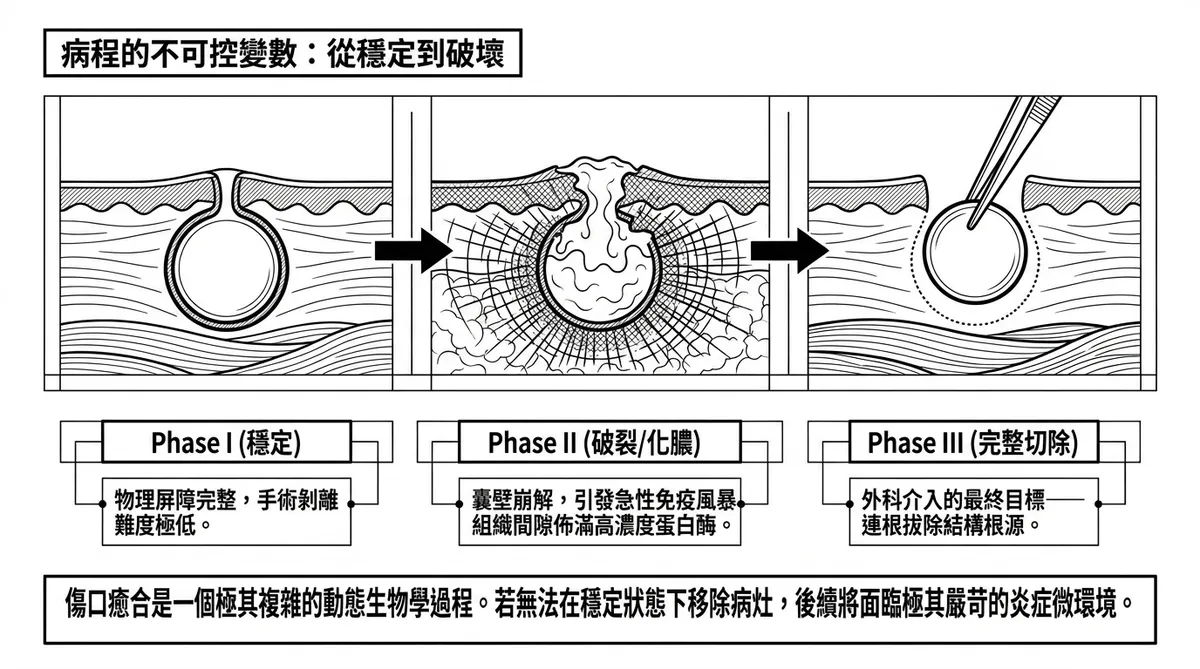 彰化台中粉瘤手術：穩定型、化膿期與精密摘除期之臨床狀態對比