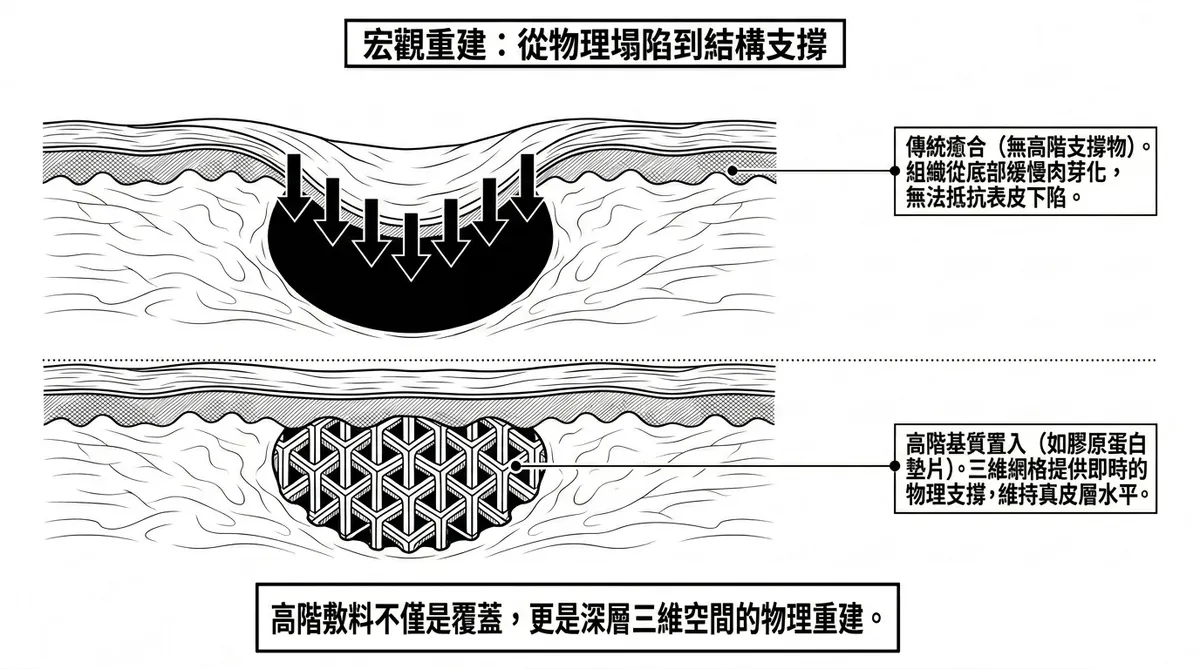 台中彰化粉瘤手術：皮下死腔塌陷凹陷與生物性膠原蛋白墊片重建支架示意圖