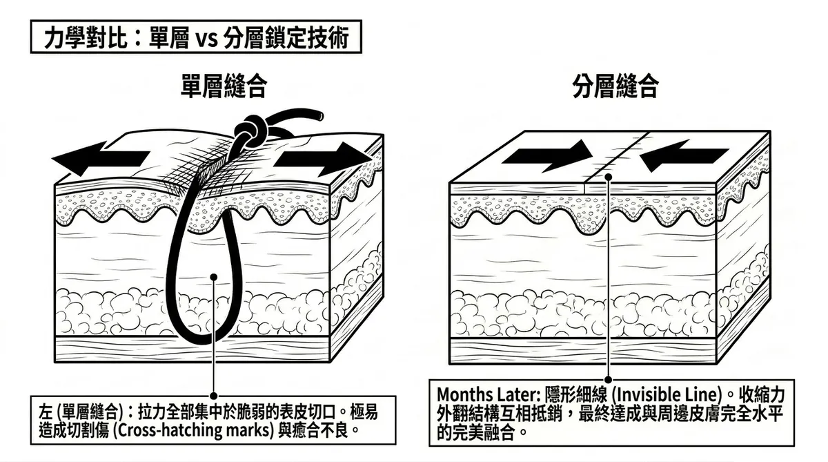 彰化台中粉瘤手術：分層減張縫合技術與皮下零張力對合力學原理圖