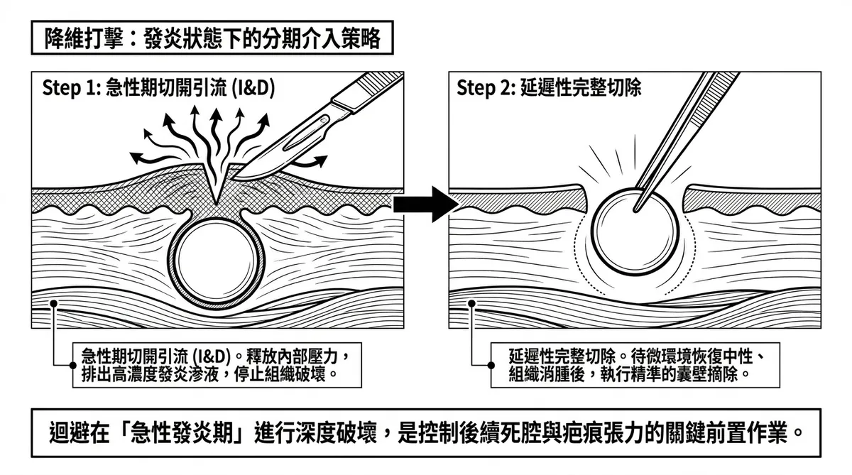 和美鹿港發炎粉瘤急救：健保急性期微創切開排膿與緩解期精密摘除流程對比圖