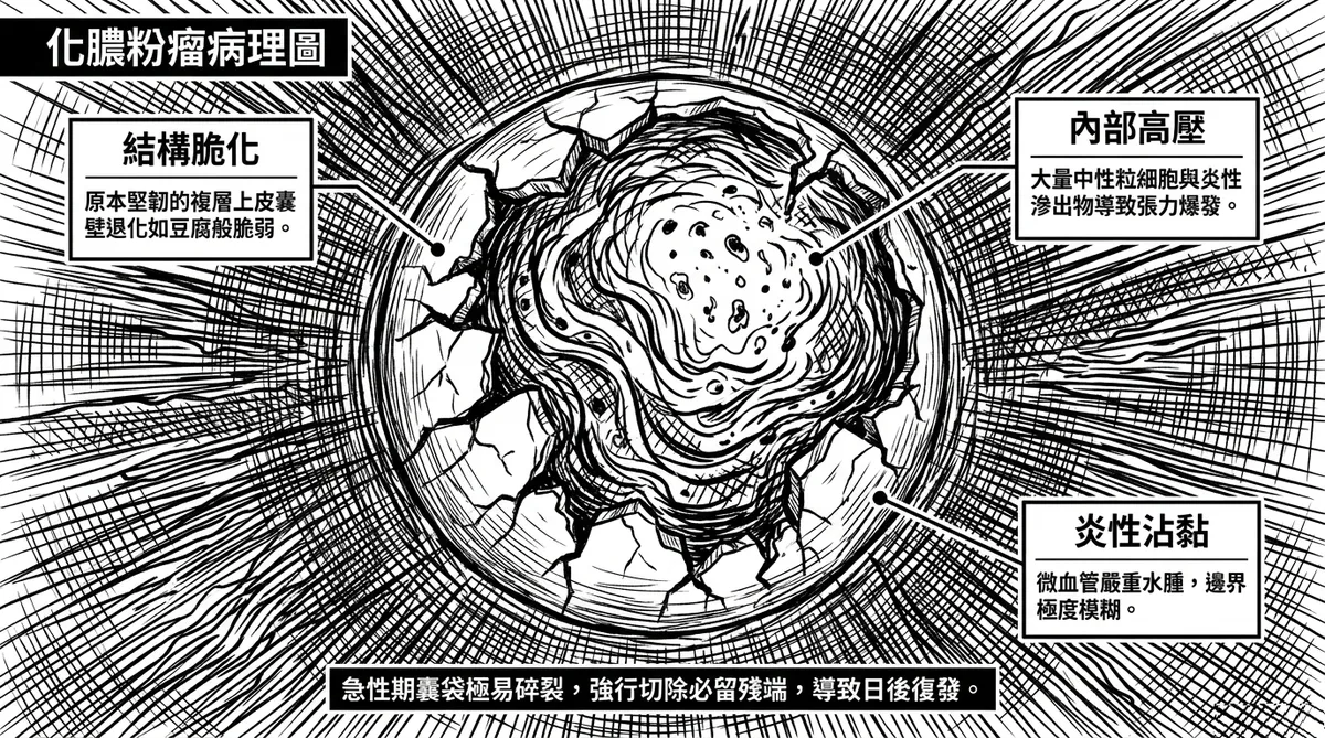 彰化和美粉瘤切除：反覆發炎發作導致皮下組織嚴重纖維化與死腔凹陷示意圖