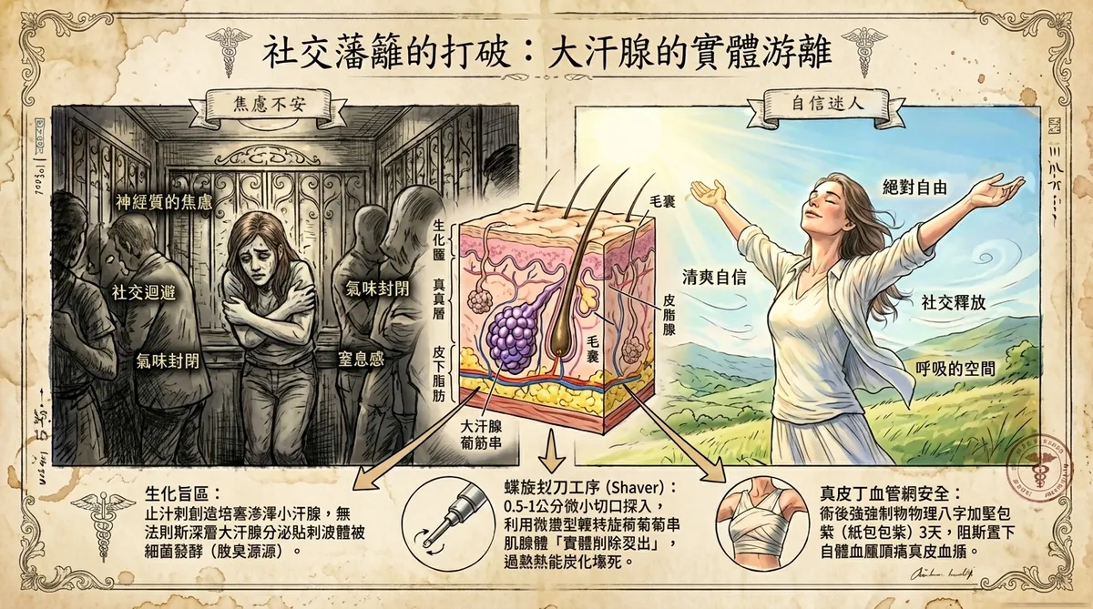 台中彰化腋下狐臭手術治療：整形外科醫師實施微創螺旋刮刀頂漿腺體物理刮除與皮下層物理加壓縫合衛教示意圖