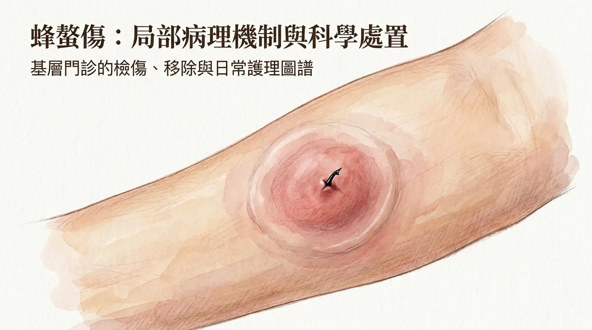 蜂螫傷:局部病理機制與科學處置主視覺。外觀呈現患處中央黑黑的殘留螫針以及周圍紅腫硬結的臨床狀態。