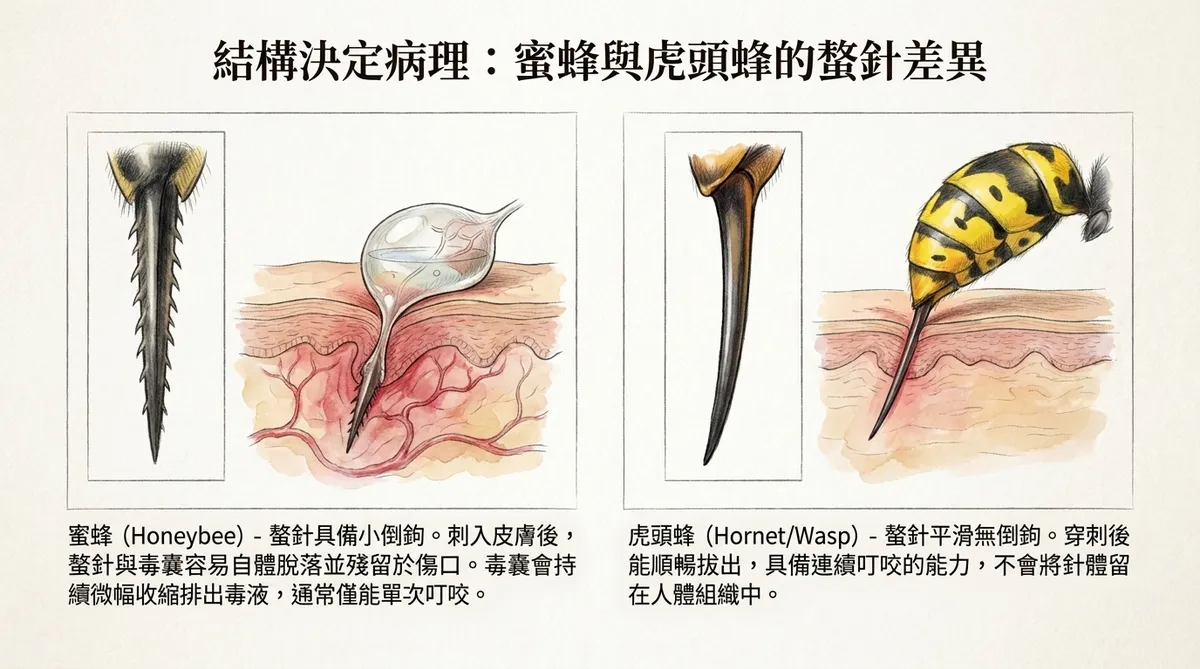 結構決定病理:蜜蜂與虎頭蜂的螫針差異圖解。左圖解構蜜蜂螫針具備小倒鉤、刺入後容易連同毒囊自體脫落並持續注毒的特點;右圖解構虎頭蜂螫針平滑無倒鉤、可連續多次穿刺的限制。