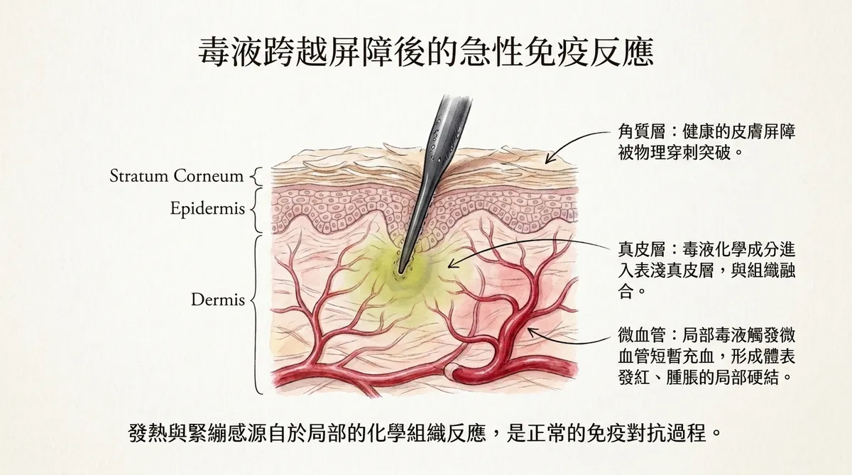 毒液跨越屏障後的急性免疫反應。解剖圖展現螫針刺入角質層與表淺真皮層、釋放毒液化學成分,導致周圍微血管短暫充血並隆起硬結的正常發炎免疫機轉。