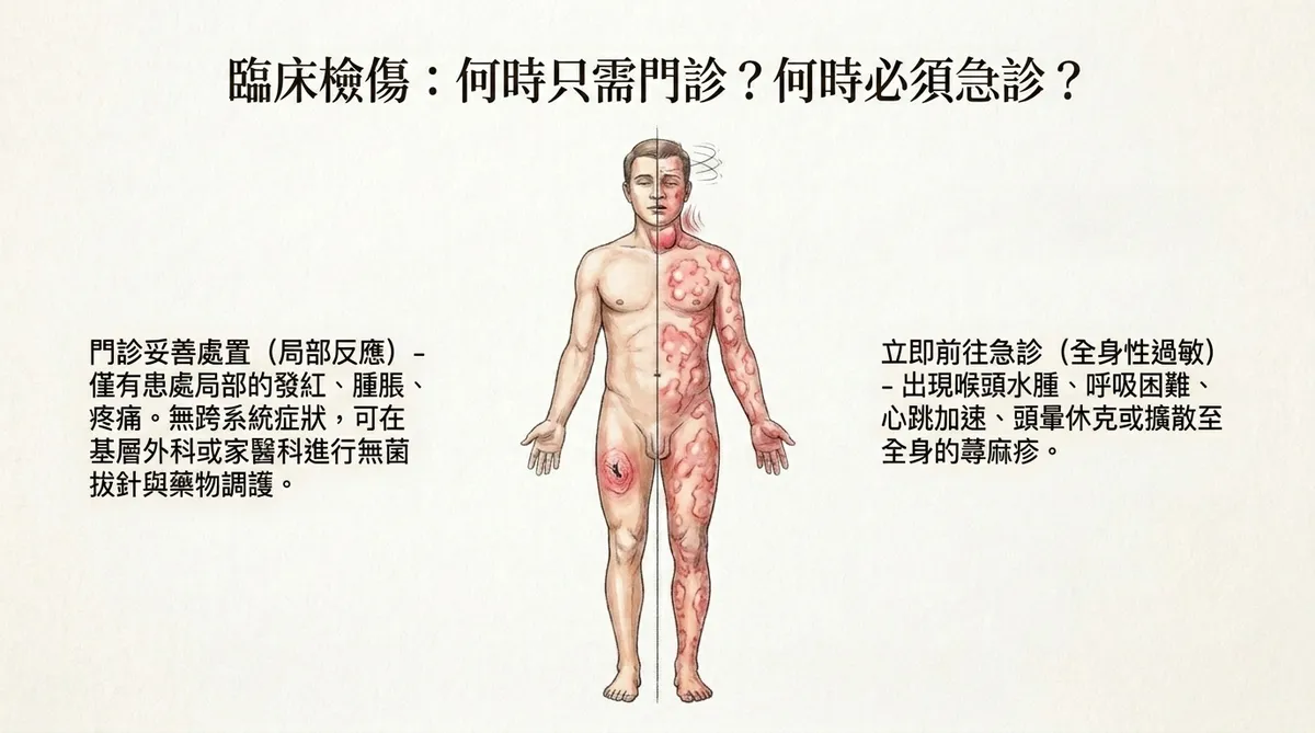 臨床檢傷:何時只需門診?何時必須急診?對比圖。左側展示基層門診能妥善調護的無跨系統局部反應;右側展示必須立即前往急診急救的喉頭水腫、呼吸困難等全身性過敏反應危險。