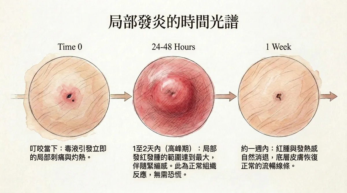 局部發炎的時間光譜。展示Time 0的立即灼熱刺痛、24-48小時的發紅發腫高峰期、以及約一週內紅腫自然消退、恢復流暢線條的良性代謝常態。
