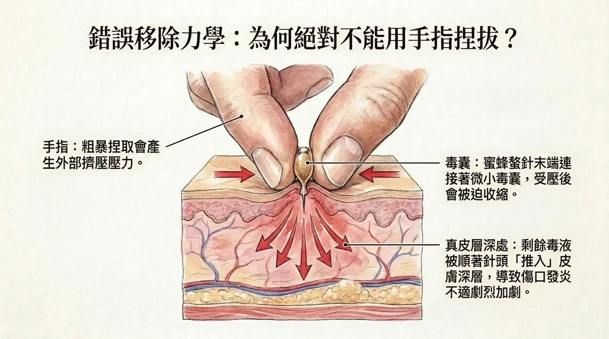 錯誤移除力學:為何絕對不能用手指捏拔?圖解說明用手指粗暴捏取會產生外部物理擠壓壓力,等同手動推入注射器,將毒囊內剩餘毒液百分之百灌入真皮層深處。