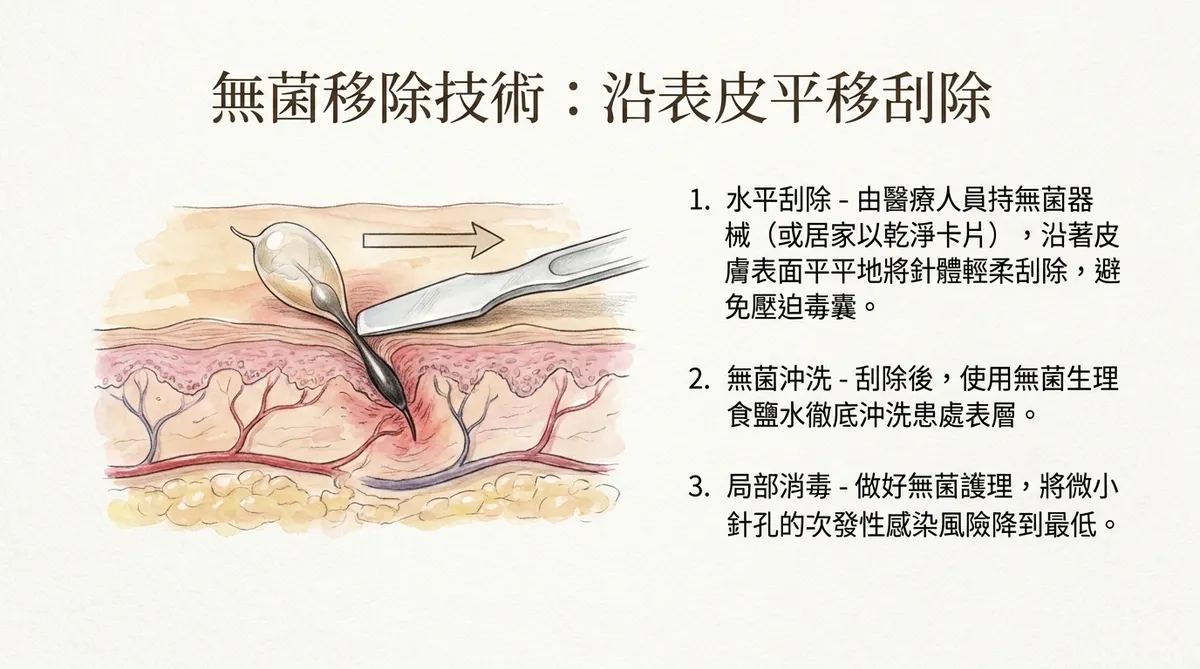 無菌移除技術:沿表皮平移刮除。圖解醫護持無菌器械順應皮膚表面呈精密幾何角度平鋪刮除針體,避免壓迫毒囊,並以無菌生理食鹽水沖洗患處的標準程序。