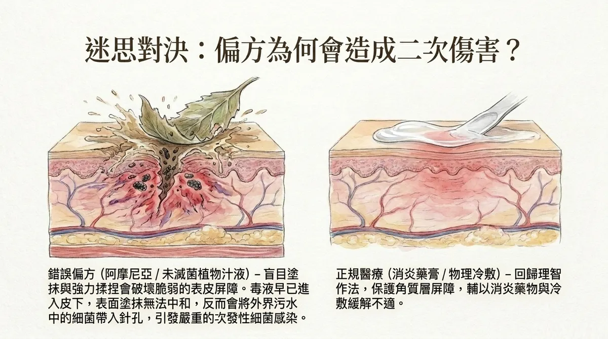 迷思對決:偏方為何會造成二次傷害?左側圖解說明塗抹未滅菌氨水或芋頭莖會弄傷脆弱表皮、將外界髒水雜菌帶入通道引發化膿;右側說明常規薄塗消炎藥品與冷敷的正規作法。