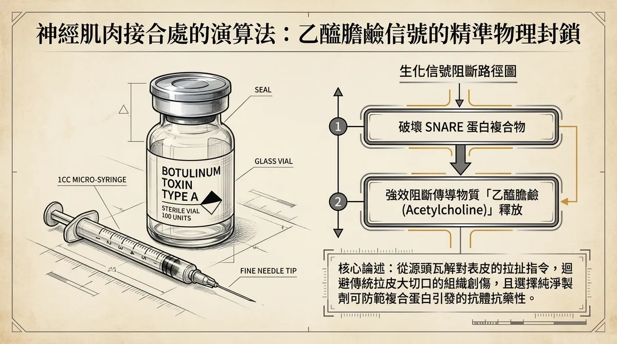 神經肌肉接合處藥理機轉圖:詳細展示肉毒桿菌素如何作用於注射器,破壞蛋白複合體以強效阻斷乙醯膽鹼釋放,從源頭放鬆肌肉的生化原理圖解