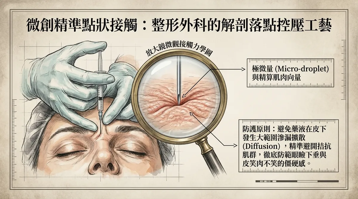 微創精準點狀處置圖:展示面部肌肉向量與點位精算,強調避免藥液在大範圍滲漏擴散,以精準避開拮抗肌群、防範面部僵硬與下垂的防護原則