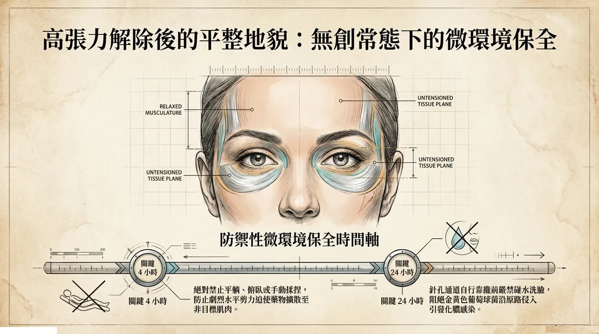 術後照顧注意事項圖解:說明注射後關鍵4小時內絕對禁止平躺或大力按摩以防止藥物擴散,以及洗臉改以溫和壓乾方式清潔的居家護理規範