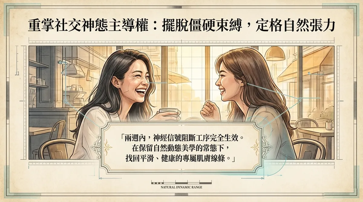 定格自然復原成效圖:展示接受多點位精準微量點注後的平滑成果,說明在保有自然動態表情的常態下,找回平滑、健康的自然肌膚線條