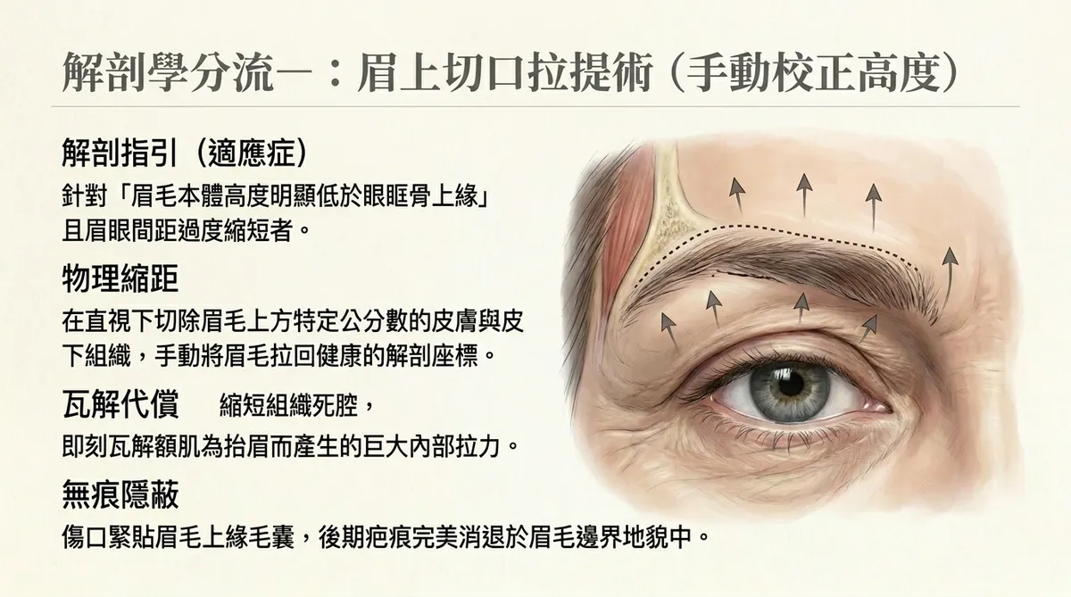 提眉手術臨床評估指標圖。圖解說明如何依據病人原本的眉眼比例(寬或窄)與額頭鬆弛條件,在眉上修皮、眉下修皮以及前額拉皮之間制定精確的分流策略。