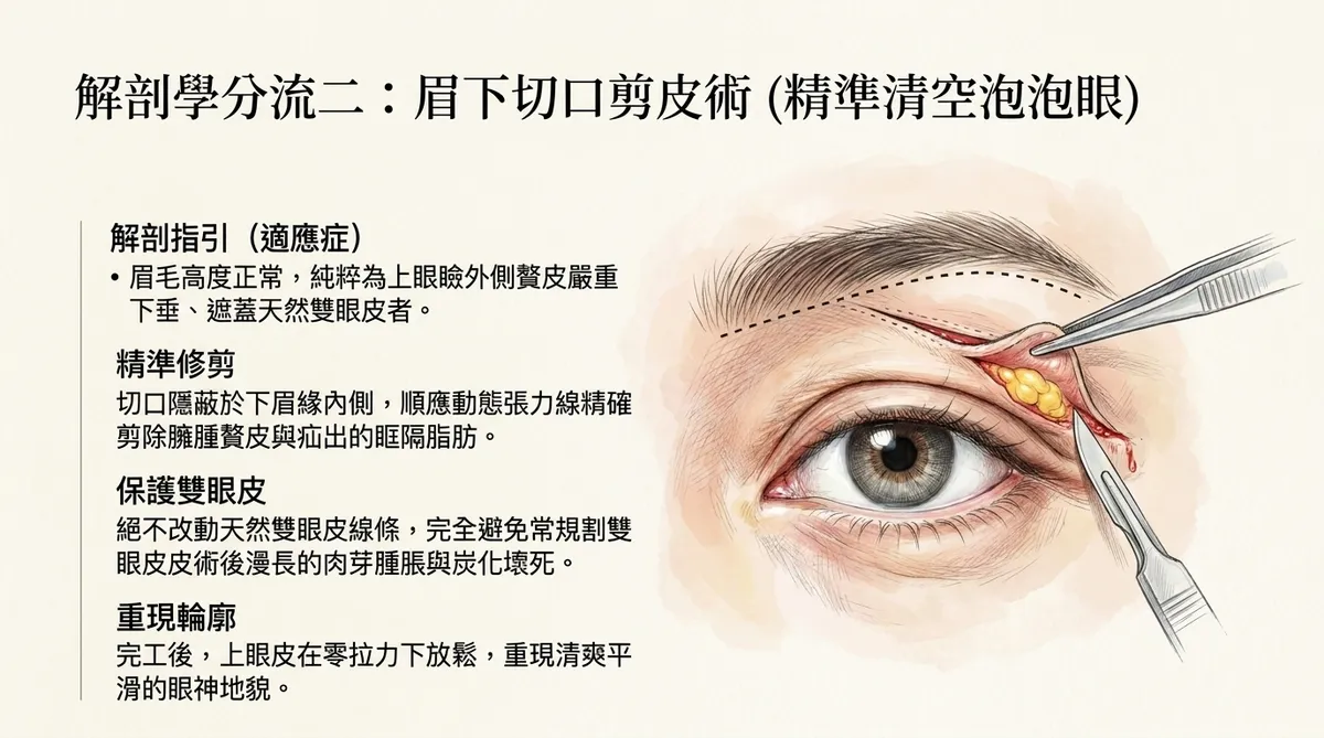 眉上切與眉下切優缺點與解剖特徵對比。圖解展示眉上切口對八字眉的直接拉提力,與眉下切口隱藏於毛髮邊緣陰影、保全自然神韻的力學機制差異。