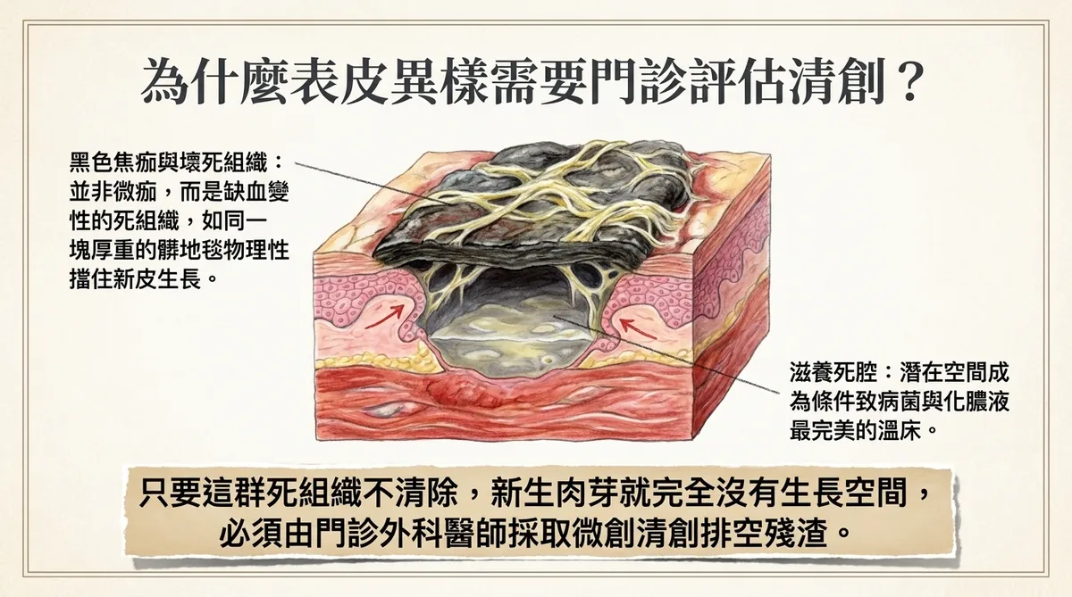 為什麼表皮異樣需要門診評估清創示意圖