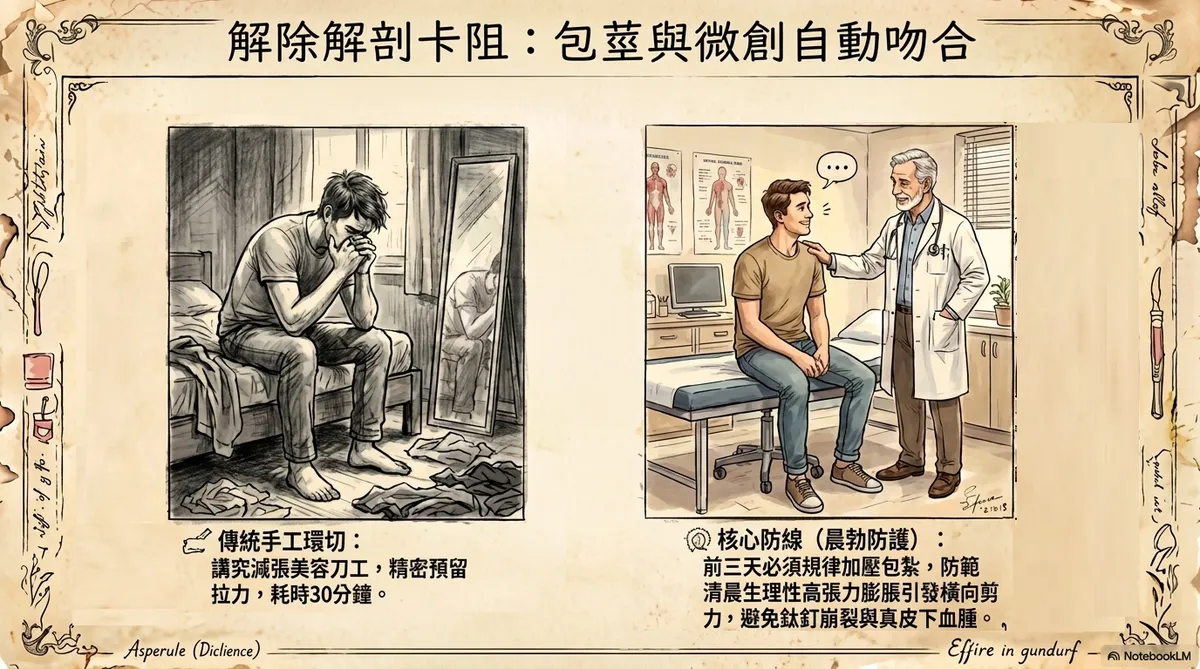台中彰化包皮槍手術治療：整形外科醫師為病患評估包皮過長張力並以一次性微創包皮槍吻合器進行切除與鈦釘自動釘合衛教示意圖