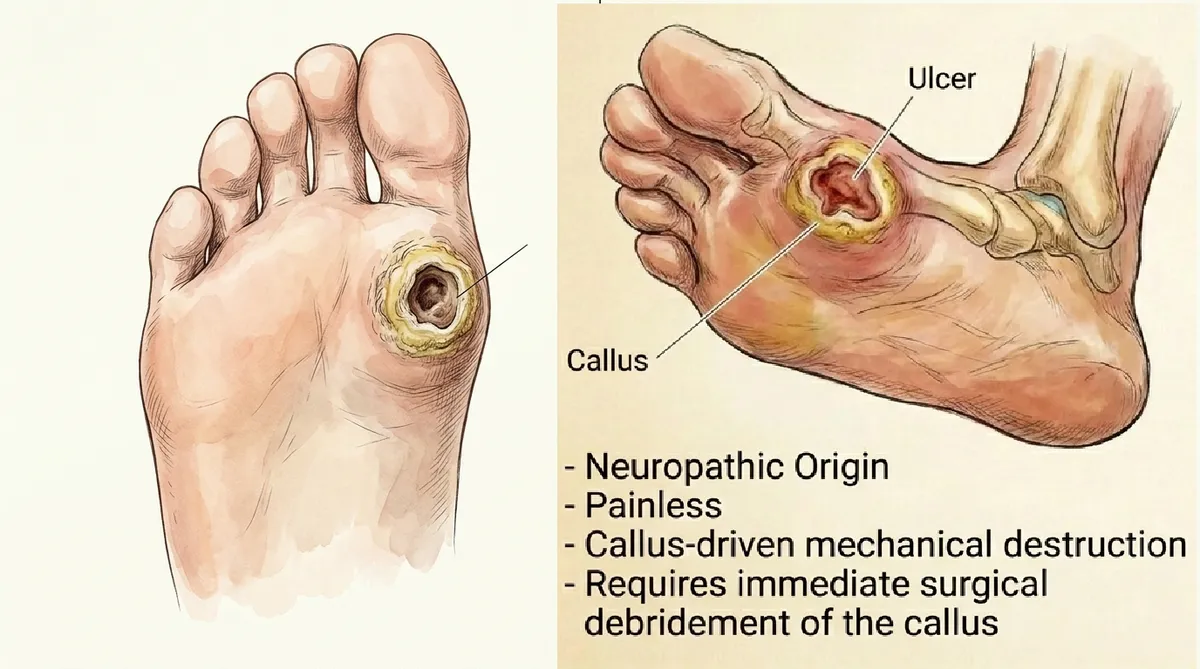 糖尿病神經病變與硬繭解剖對照圖。圖中清晰解構無痛性潰瘍(Painless Ulceration)好發於高壓承重區,因嚴重的神經退化導致病患完全無法察覺;同時展示堅硬的硬繭屏障(Rigid Callus Barrier),這種肥厚且缺乏血管的過度角質化組織在傷口周圍形成物理高牆,造成機械性破壞,臨床上必須立即實施外科清創修剪。