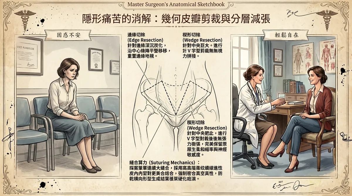 台中彰化女性私密處整形手術：整形外科醫師評估小陰唇肥大組織結構並實施自費高階微創對稱皮瓣剪裁與縫合處置衛教示意圖