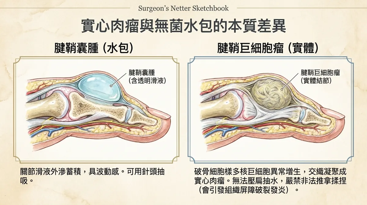 實心肉瘤與無菌水包的本質差異解剖示意圖:左側顯示腱鞘囊腫(水包)內含透明滑液且具波動感,右側顯示腱鞘巨細胞瘤(實體)因破骨細胞樣多核巨細胞異常增生凝聚成實心肉瘤,無法壓扁抽水,並警告嚴禁非法推拿揉捏