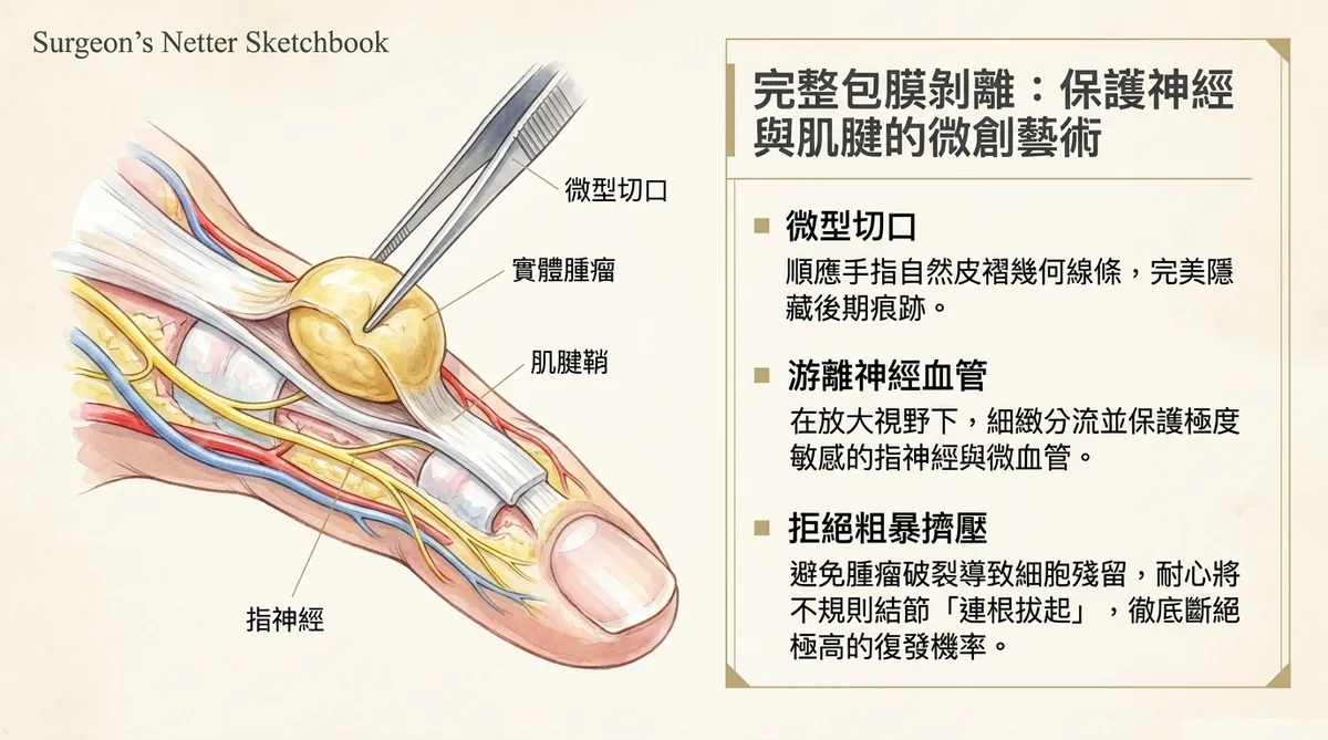 完整包膜剝離與手術程序圖:展示微型切口順應手指自然皮褶,在放大視野下精細分流並保護高度敏感的指神經與微血管,強調拒絕粗暴擠壓以防腫瘤破裂殘留細胞,必須將不規則結節連根拔起以斷絕復發