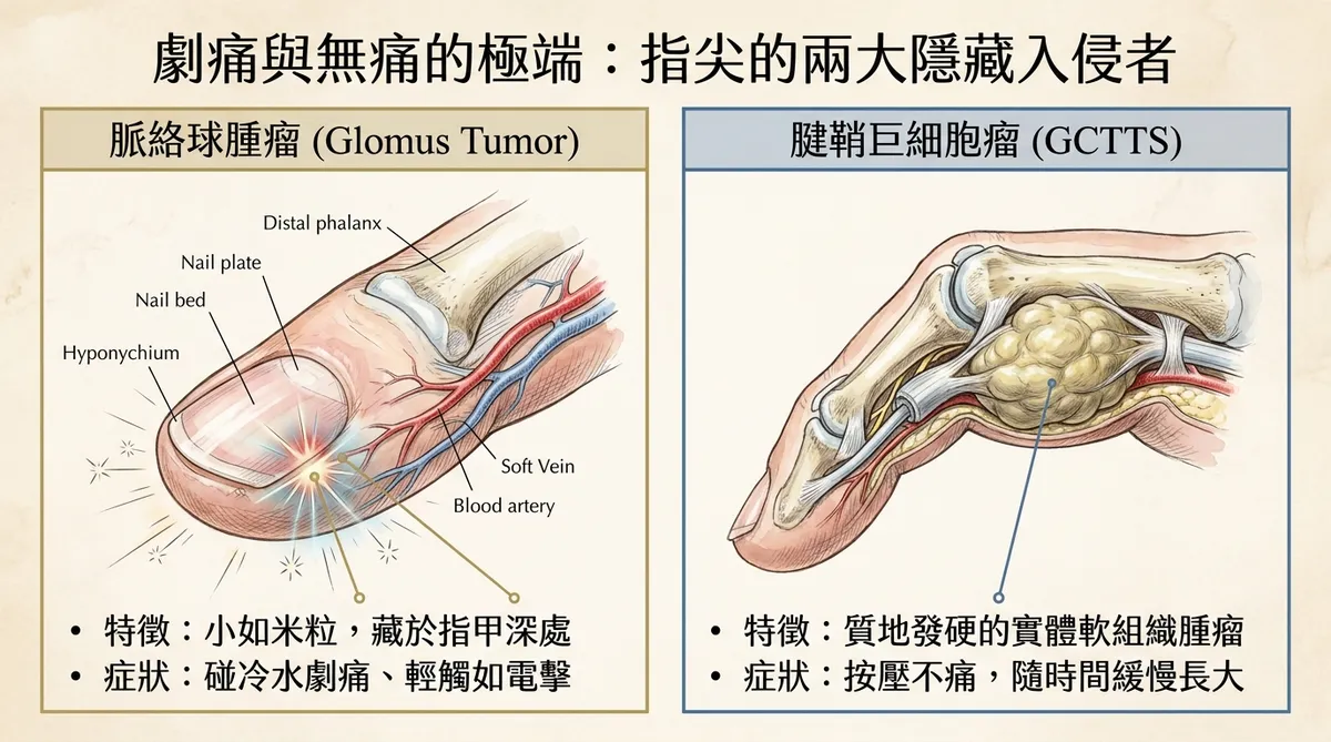 困在硬殼下的流量調節閥。解剖圖中央顯示微小動靜脈分流(Glomus Body)因細胞異常增生形成實體腫瘤,周邊為指甲硬殼下方缺乏緩衝空間的無彈性空間,下方標示腫瘤充血時體積膨脹、直接壓迫極度密集的感覺神經末梢,引發神經壓迫。