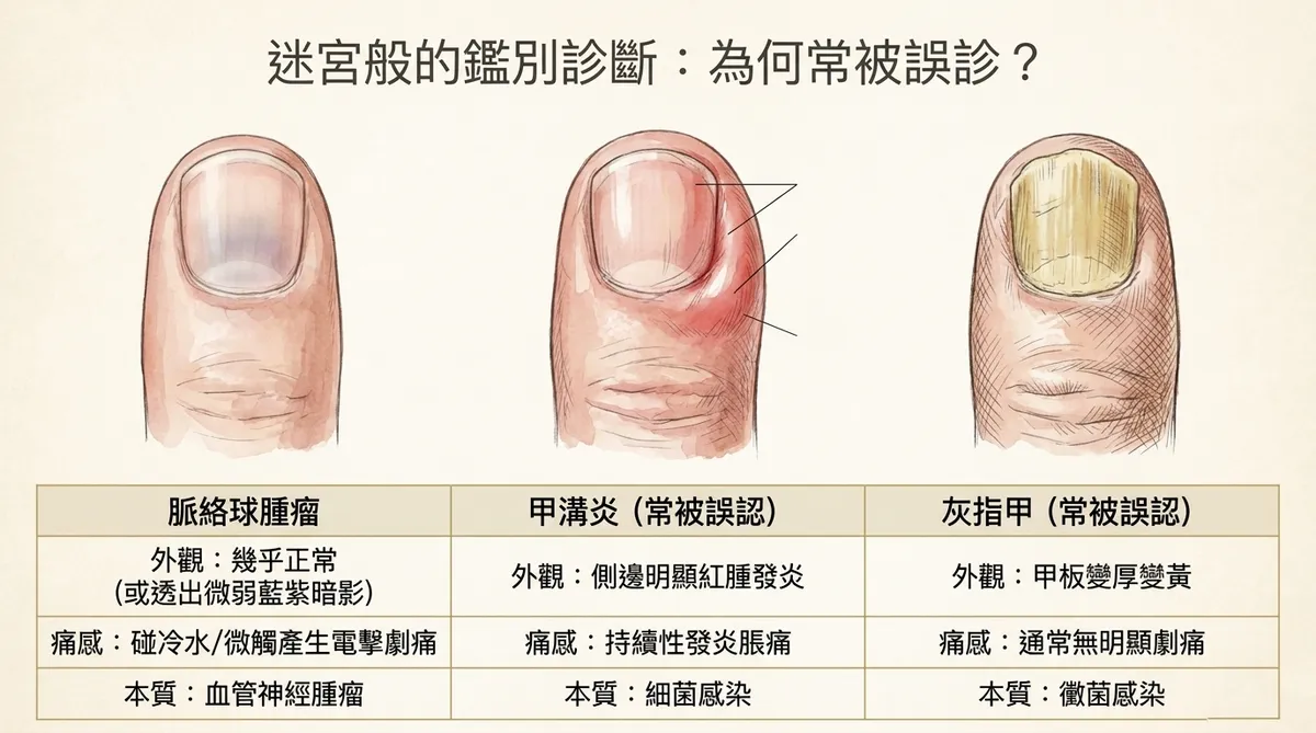 劇痛與無痛的極端:指尖兩大隱藏入侵者。左圖為脈絡球腫瘤(Glomus Tumor),特徵為小如米粒、藏於指甲深處,症狀為碰冷水劇痛、輕觸如電擊;右圖為腱鞘巨細胞瘤(GCTTS),特徵為質地發硬的實體軟組織腫瘤,症狀為按壓不痛、隨時間緩慢長大。