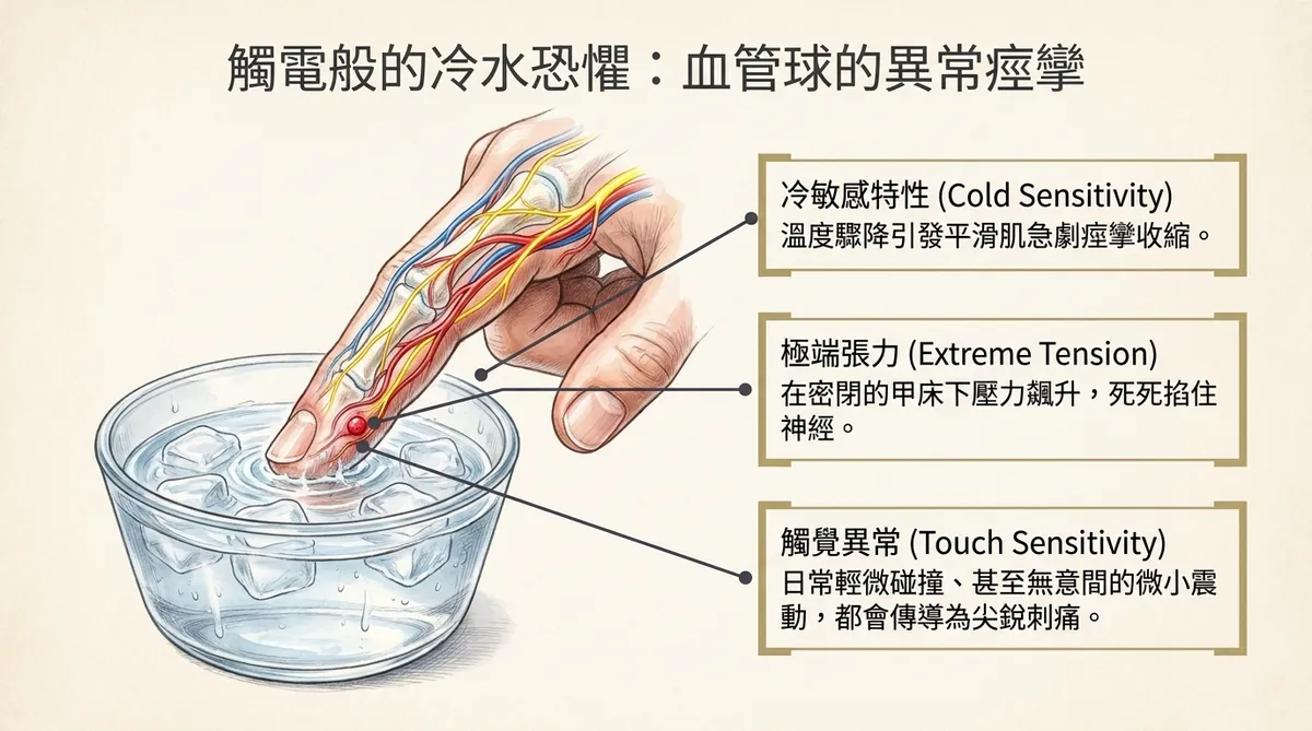 迷宮般的鑑別診斷:為何常被誤診?表格對比三種指甲病變:脈絡球腫瘤外觀幾乎正常(或透出微弱藍紫暗影),痛感為碰冷水/微觸產生電擊劇痛,本質為血管神經腫瘤;甲溝炎外觀側邊明顯紅腫發炎,痛感為持續性發炎脹痛,本質為細菌感染;灰指甲外觀甲板變厚變黃,通常無明顯劇痛,本質為黴菌感染。