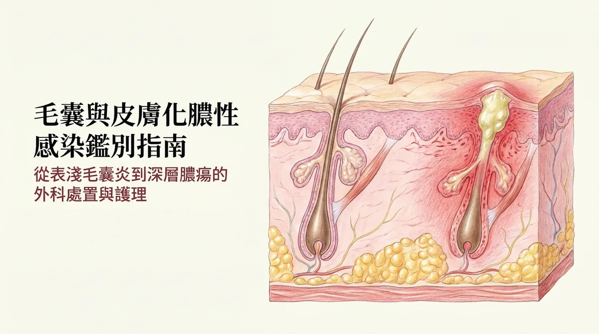 毛囊與皮膚化膿性感染鑑別指南大圖:剖面展示由淺層毛囊發炎延伸至深層感染的解剖層次對比。