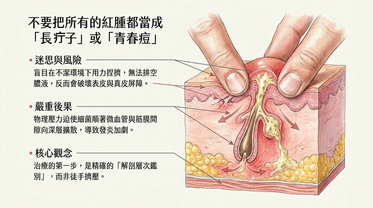 不要把所有的紅腫都當成疔子或青春痘:圖解說明盲目擠壓會破壞皮膚屏障,迫使細菌順著微血管與筋膜間隙向深層擴散的風險。