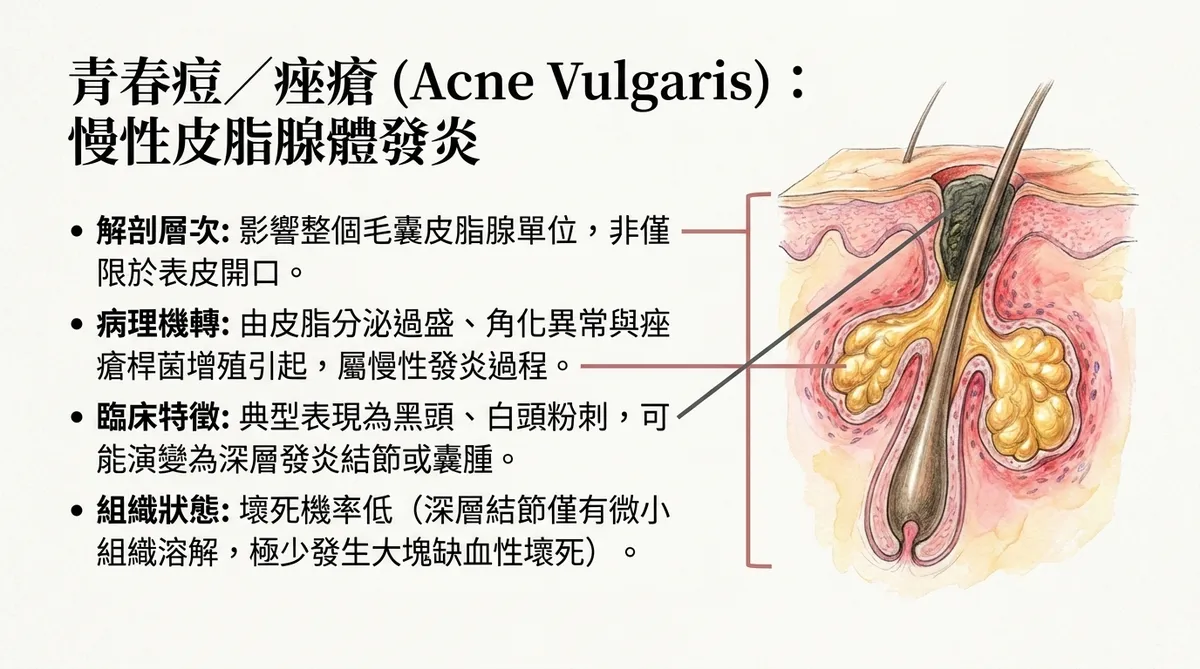 青春痘與痤瘡病理機制：圖解皮脂分泌過盛、角化異常與痤瘡桿菌增殖引發的慢性發炎。