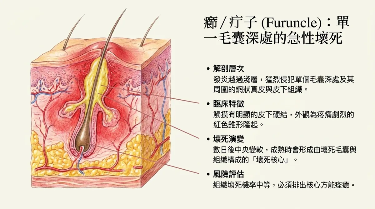 癤（Furuncle）解剖結構：展示單一毛囊深處遭到猛烈侵犯，真皮與皮下組織急性壞死發炎的結節特徵。