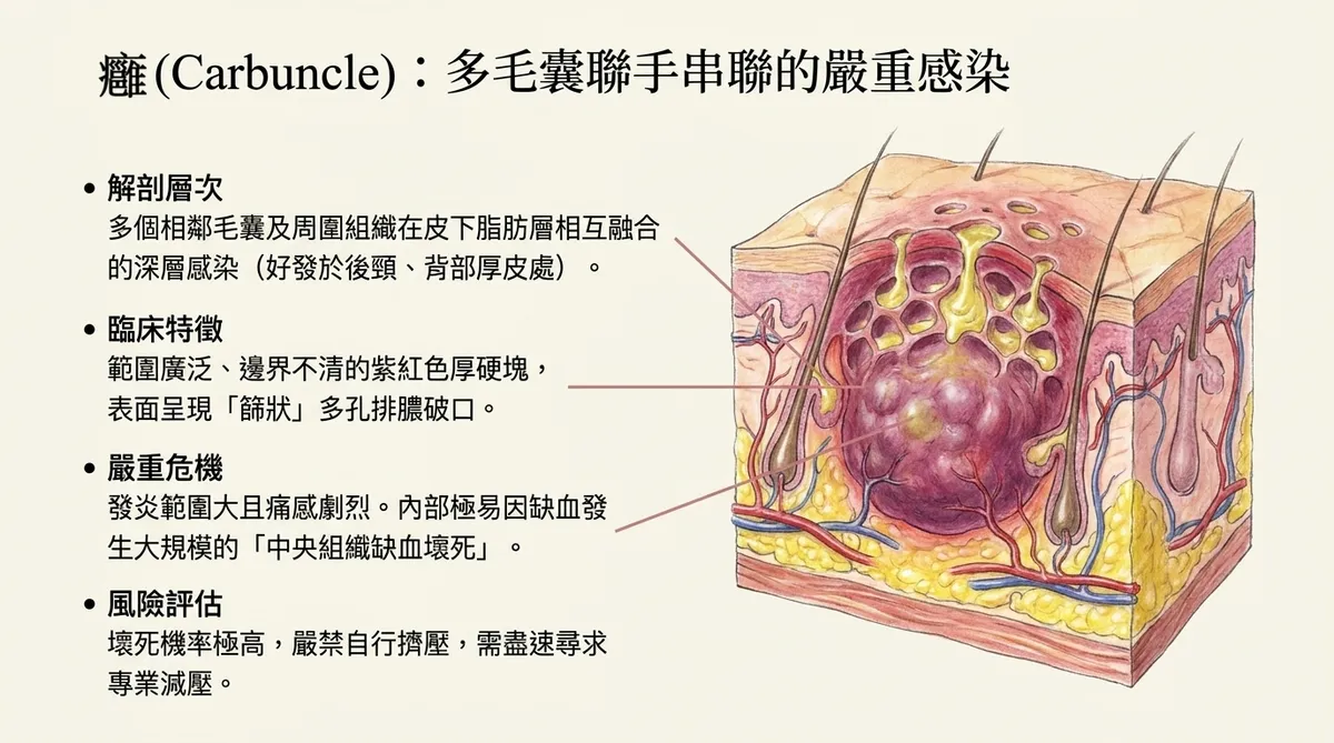 癰（Carbuncle）病理特徵：展示多個相鄰毛囊在皮下脂肪層相互融合，表面呈現篩狀多孔排膿的嚴重感染危機。