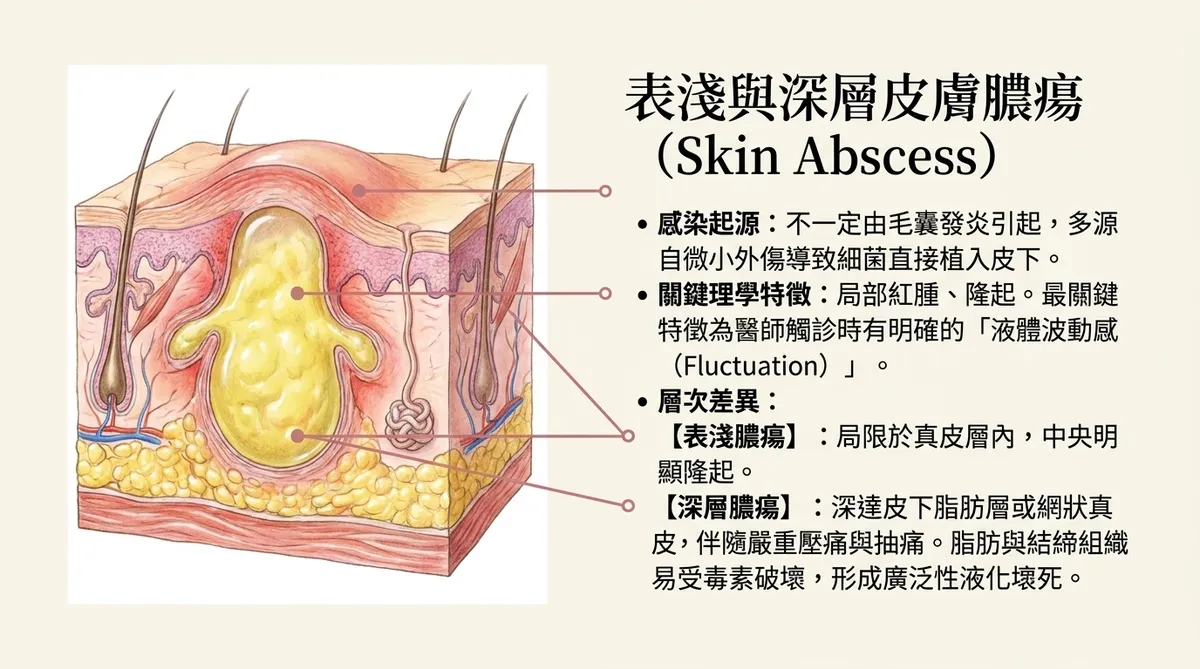 表淺與深層皮膚膿瘍剖面圖：對比說明液體波動感的理學特徵，以及局限真皮或深達皮下脂肪層的層次差異。