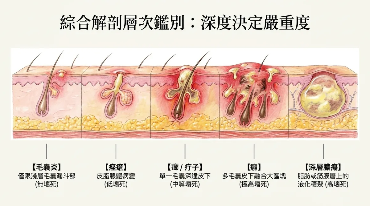 綜合解剖層次鑑別橫向對比圖:一字排開展示毛囊炎、痤瘡、癤、癰、深層膿瘍的深度與嚴重度演變。