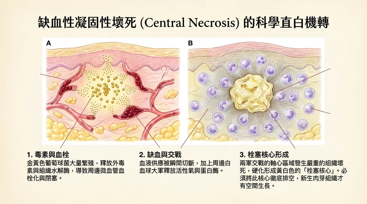 缺血性凝固性壞死(Central Necrosis)的科學直白機轉:展示細菌繁衍與血管栓塞導致組織血液供應切斷、形成黃白色栓塞核心的完整因果圖解。