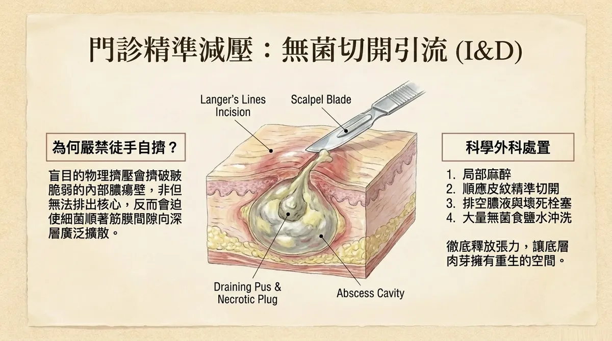 門診精準減壓:無菌切開引流(I&D)手術示意圖。展示局部麻醉、順應皮紋切開排空膿液,與嚴禁盲目徒手自擠的外科學真相對比。