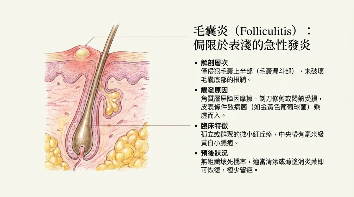 毛囊炎解剖層次:說明發炎僅侵犯毛囊漏斗部,未破壞根鞘的病理特徵。