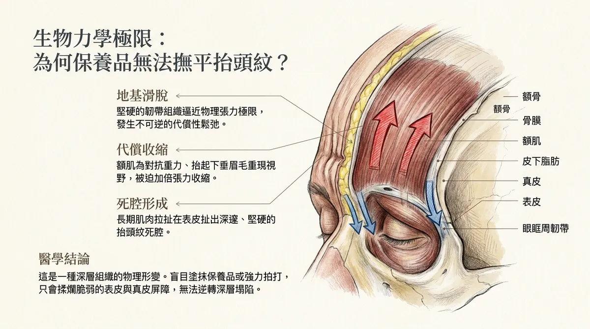 台中彰化前額拉皮手術治療：整形外科醫師為病患實施前額骨膜下組織剝離悬吊與皮下層分層美容減張縫合手術衛教示意圖