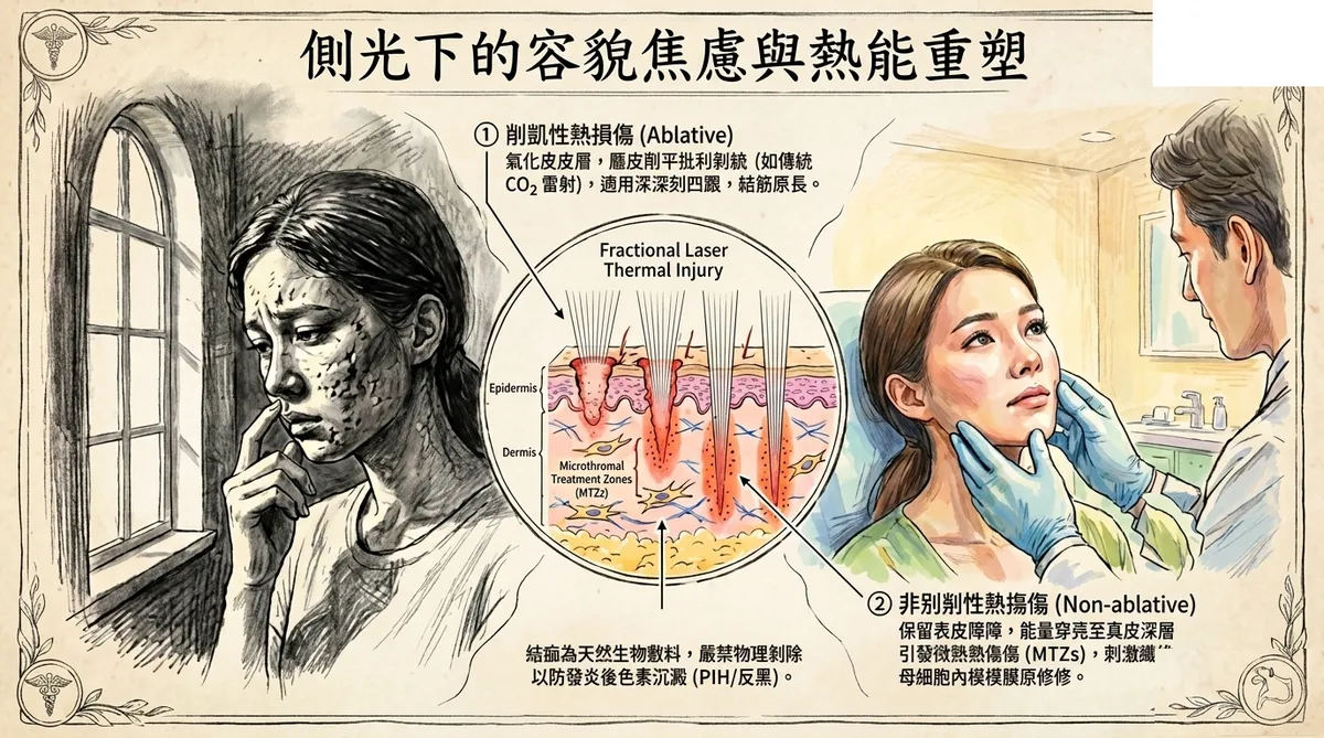 台中彰化飛梭雷射痘疤治療：整形外科醫師為病患評估凹疤深度並進行物理熱能重組處置衛教示意圖