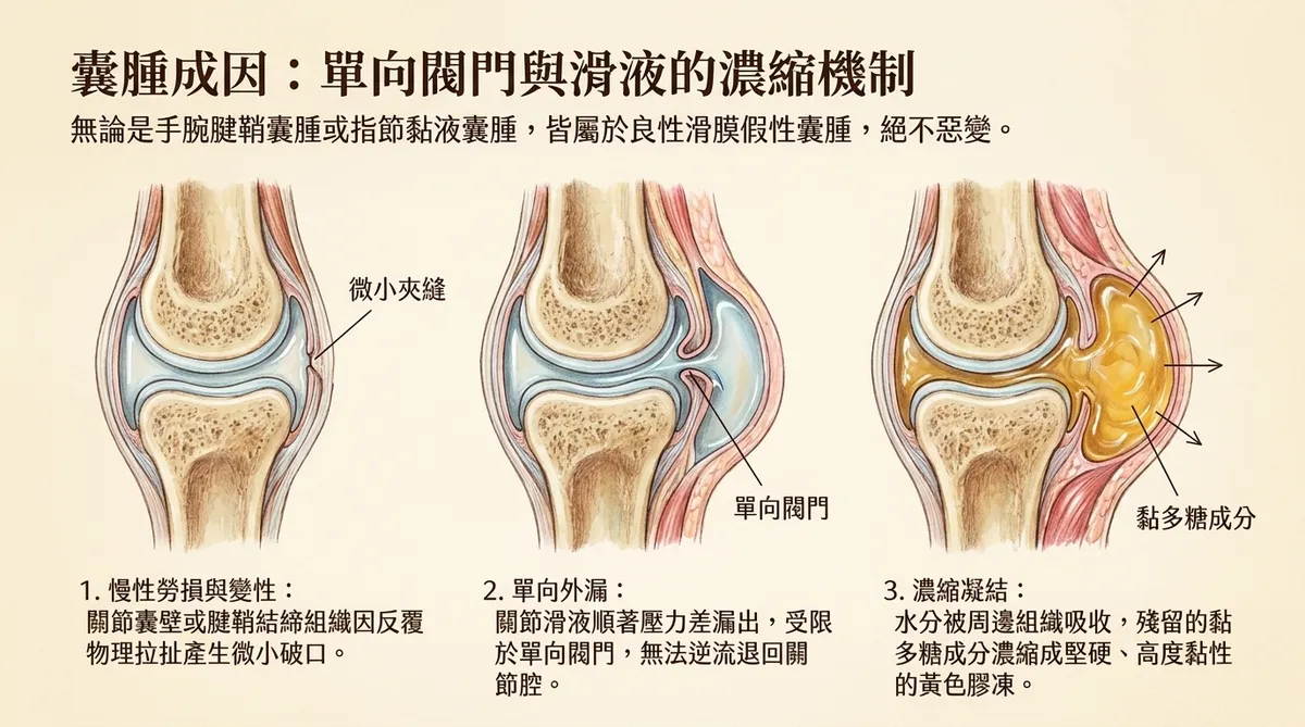 囊腫成因:單向閥門與滑液的濃縮機制。圖解說明慢性勞損引發關節囊壁微小夾縫,使滑液順壓力差向外漏出,因單向閥門限制無法逆流,最終水分被周邊組織吸收,濃縮成高度黏性的黃色膠凍。