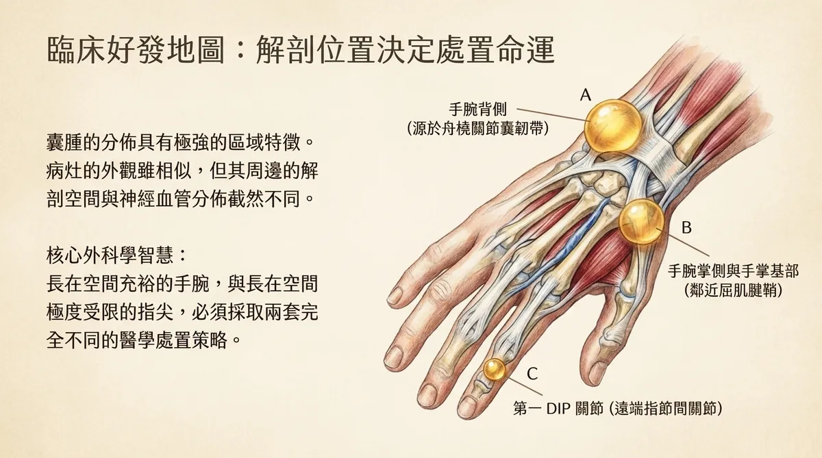 臨床好發地圖:解剖位置決定處置命題。詳細標示出A手腕背側、B手腕掌側與手掌基部、以及C遠端指節間關節(DIP)的區域特徵與處理策略對比。