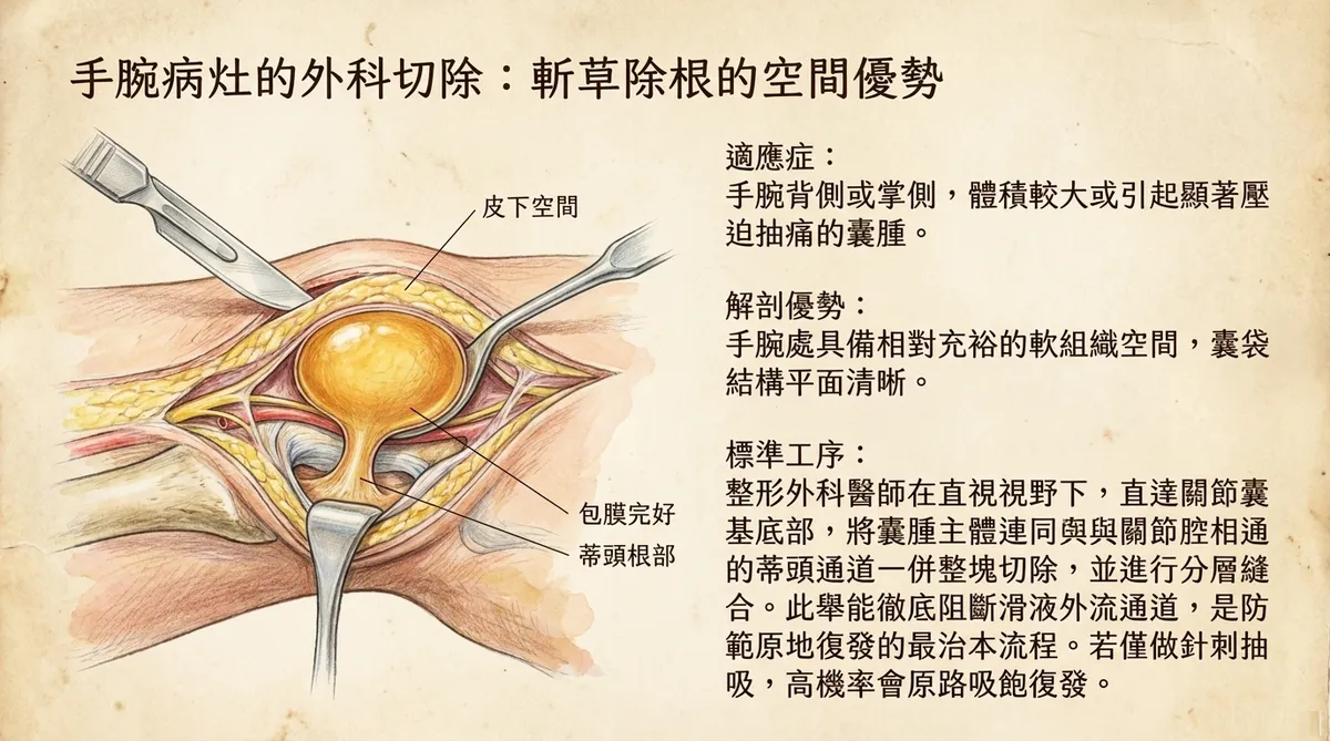 手腕病灶的外科切除:斬草除根的空間優勢。展示標準工序中,整形外科醫師如何在直視視野下將囊腫主體連同與關節腔相通的蒂頭通道一併整塊切除。