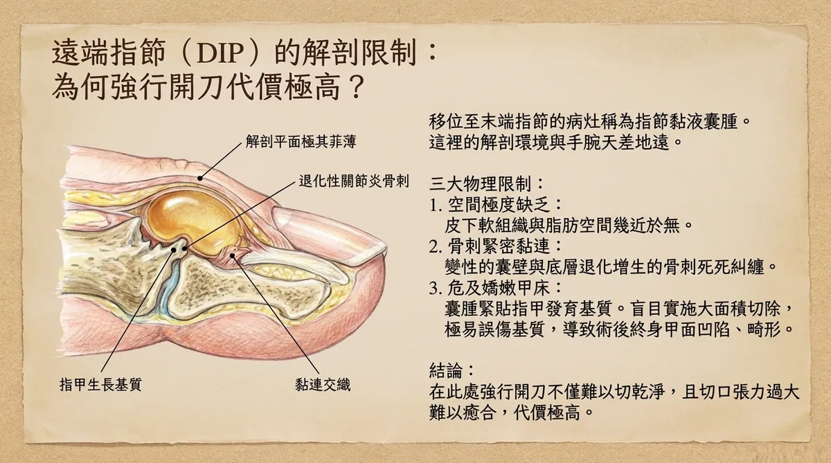 遠端指節(DIP)的解剖限制:為何強行開刀代價極高?圖解展示皮下空間極度缺乏、退化性關節炎骨刺死死糾纏囊壁,以及病灶緊貼指甲生長基質的病理真相。