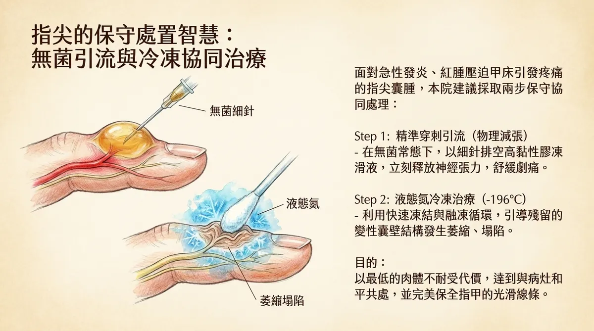 指尖的保守處置智慧:無菌引流與冷凍協同治療。左側圖解細針引流釋放神經張力;右側圖解使用液態氮冷凍使變性囊壁萎縮塌陷之步驟。