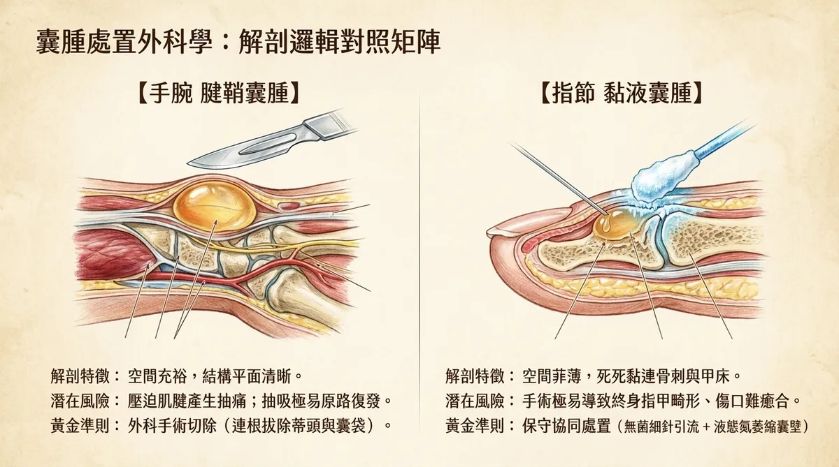 囊腫處置外科學:解剖邏輯對照矩陣。清晰歸納手腕腱鞘囊腫(空間充裕、切除防復發)與指節黏液囊腫(空間菲薄、首選保守協同)之決策矩陣。