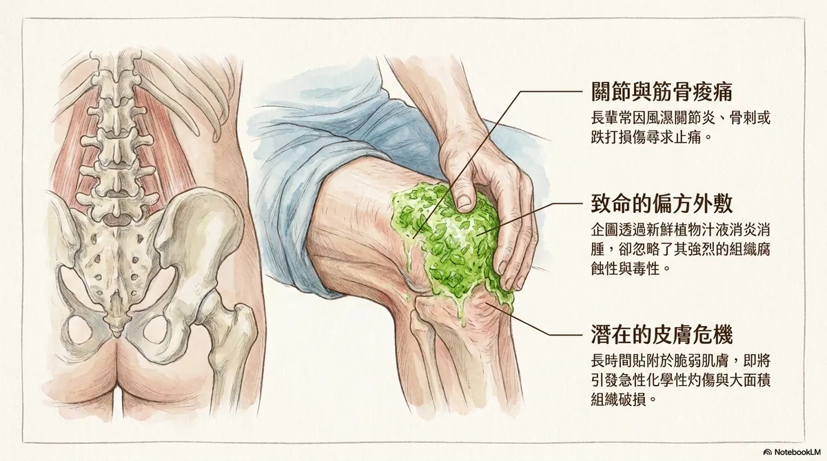接觸性皮膚炎與化學性灼傷主視覺圖。展示皮膚因長時間敷貼化學刺激性草藥，導致表皮完整性全面解體，皮下微血管充血、發炎並隆起大面積化學性水泡的病理剖面。