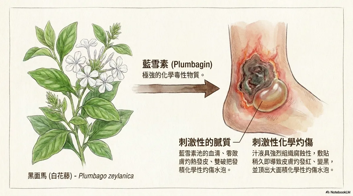 致命的偏方外敷危害示意圖。圖解長輩因風濕關節炎或骨刺尋求中草藥外敷，卻忽略其強烈組織腐蝕性，引發急性化學性灼傷的皮膚危機。